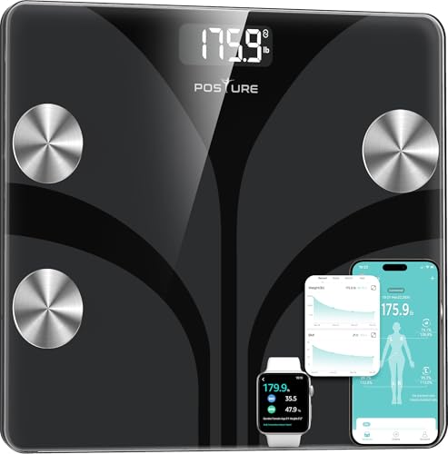Posture Bilancia Pesapersone Digitale, Smart da Bagno Analizza 13 Elementi della Composizione Corporea, Bluetooth, BMI, Controllo della Salute, Sincronizzazione con App, 180 kg - Nero