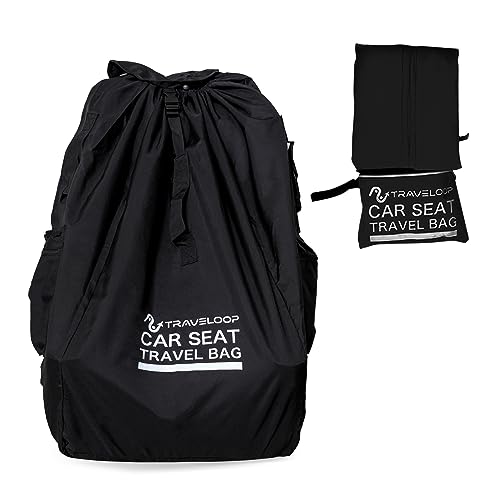 Car Seat Travel Bag for Airplane – Double-Closure Gate Check Bag for Car Seats with Padded Shoulder Straps, Rubberized Carrying Handle &amp; Storage Pouch – 18x18x34in (Black)
