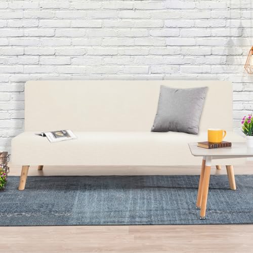 Housse de canapé-lit sans accoudoirs extensible beige 120-150cm en polyester