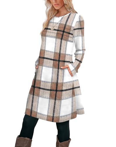 Image of OFEEFAN Womens Long Sleeve Tunic Dress Fall Fashion Sweater Dress with Pockets Pleated Front Casual Winter