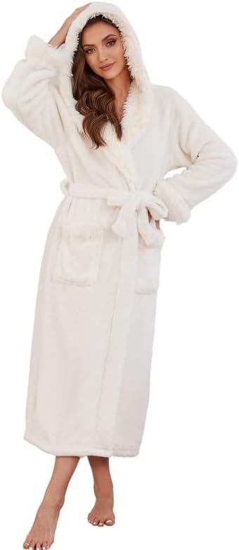 LYCY Womens Hooded Plush Long Robe, Soft Warm Fleece Bathrobe for Women Fluffy Cute Spa Robe