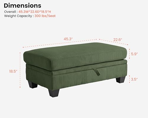 Image of CHIC HOUSE Modular Sectional Sofa with Storage Ottomans, Corduroy Cloud Couch for Small Spaces & Apartments, Reconfigurable L /U Shaped Convertible Corner Sofa, Green, Double Ottoman