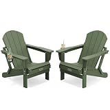 SERWALL Foldable Adirondack Chair with Cup Holder Set of 2 for Patio Garden Outdoors Fire Pit Chairs-Avocadogreen