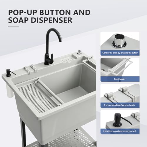 Image of VINGLI Freestanding Utility Sink with Faucet, 36 inch Heightened Basin for Laundry, Garage, Outdoor Garden, Pet Wash, Heavy Duty Plastic Laundry Tub with Storage Shelf (Gray, 32 inchLx24 inchWx36 inchH)