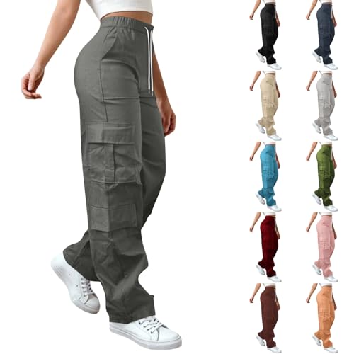 Womens Cargo Pants Elastic High Waisted Hiking Pants Baggy Stretchy Wide Leg Y2K Streetwear Trousers with Pockets
