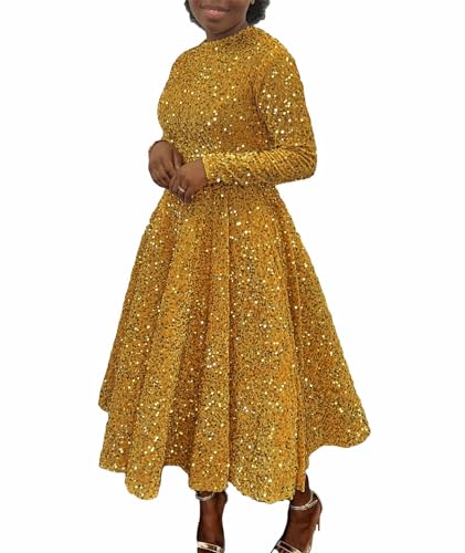 SOMTHRON Women's Sequin Dress Plus Size Long Sleeve A-Line Flared Party Cocktail Sparkle Glitter Evening Shiny Maxi Dress