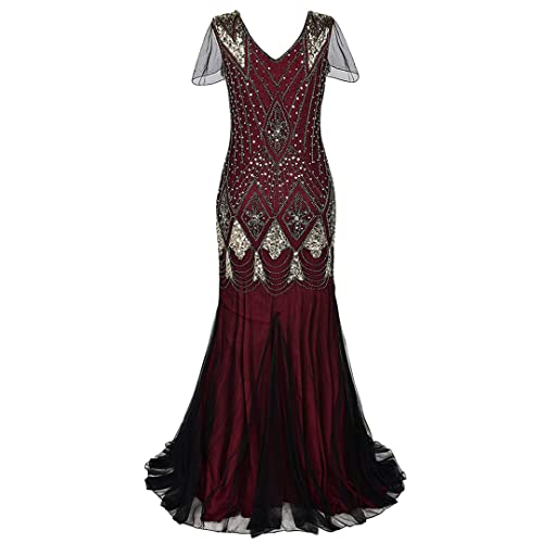 Robe longue vintage col en V rouge vin doré pour cérémonie Charleston L