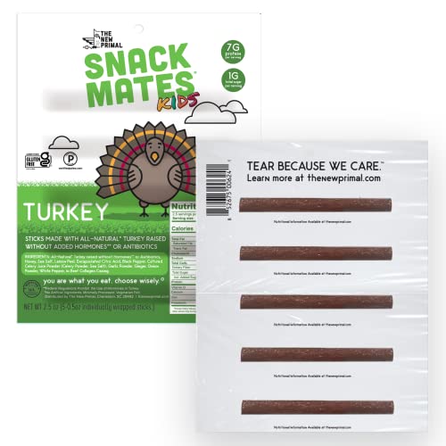 The New Primal Snack Mates Turkey Sticks, Gluten Free Healthy Snacks For Kids, Low Sugar High Protein Kids Snack For Lunchbox, Natural Turkey Mini Paleo Jerky Stick, 7G Protein, 45 Calories, 40 Pack #TOP3
