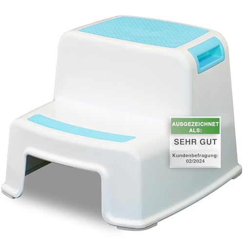 Ap® – Escalón Azul I Taburete de plástico I Adultos y niños I Taburete Infantil de Dos Niveles con Superficie Antideslizante, baño y Cocina, Taburete Antideslizante, 26 cm de Alto, Estable 80 kg