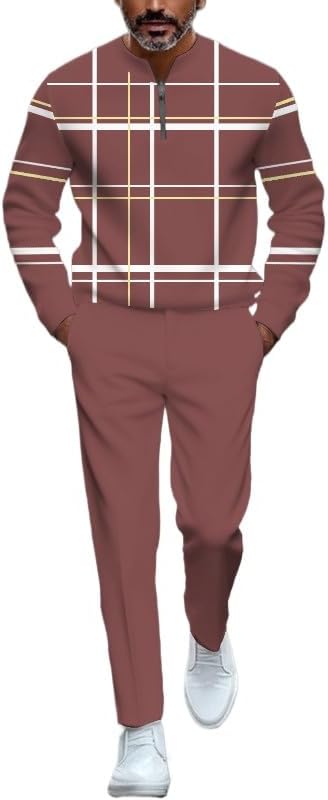 Men's casual half zipper stand up collar shirt long pants sports suit long sleeved jogging pants two-piece set