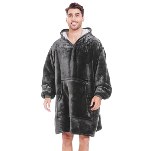 THREE POODLE Wearable Blanket Hoodie for Women, Oversized Sherpa Sweatshirt Blanket for Adults Men, Cozy Gray Hooded Blankets, Gifts for Teen Girls Women Mom Sister