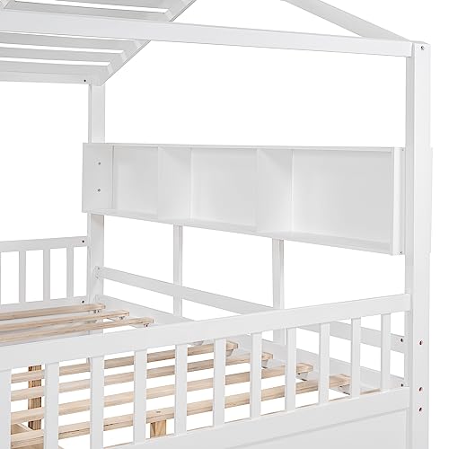 Image of Modern Full Size House Bed with Roof and Window, Wooden Daybed Frame with Shelves and 2 Drawers,Bedroom Furniture for Girls & Boys (White+2 Drawers*)