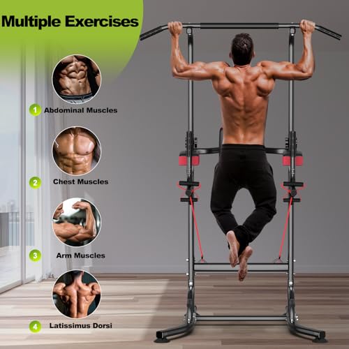 Dskeuzeew Pull Up Bar Free Standing for Garage Multi-Function Home Gym Strength, 450LBS Pull Up Dip Station Assistive Trainer Height Adjustable with Elastic Ropes, Power Tower Training Heavy-Duty Fitness Equipment