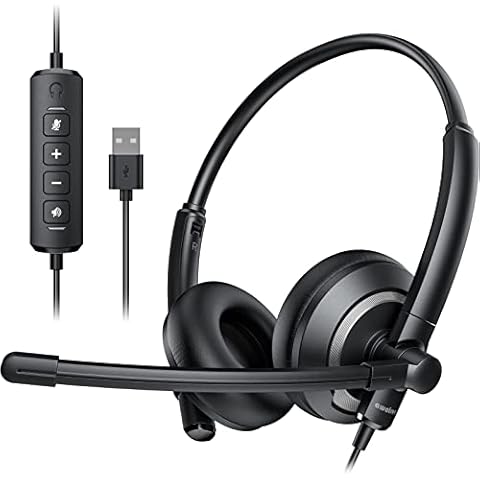 Computer Headset with Microphone Noise USB - Headphones Phone Mic Cancelling PC Wired Headphone Headsets Office Head Laptop Work Ear Speaker Call Set Phones Stereo Control Service Cover