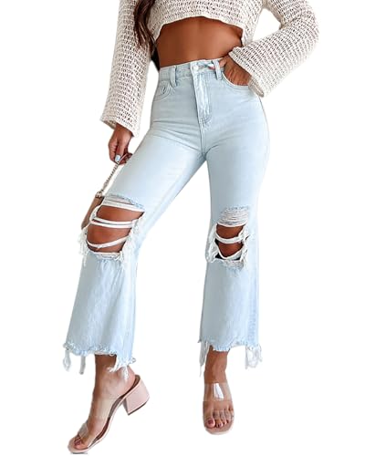 Women's High Rise Cropped Flare Jeans 90's Vintage Distress Denim Pants Fashion Button Straight Trousers