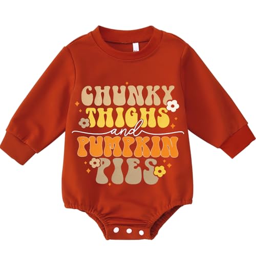 SOFEON Infant Baby Girls Thanksgiving Romper Chunky Thighs And Pumpkin Pies Outfits Bubble Sweatshirt Onesie Fall Clothes
