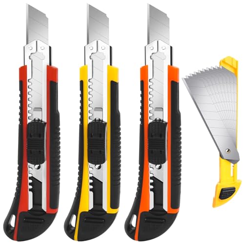 TIFICAL - TIFICAL 3-Pack Box Cutter Utility Knife, Box Cutter Retractable Ultra Sharp Blade and Anti-Slip Rubber Handle, Box Cutter Knife Exacto Knife for Cutting Leather, Rubber, Cartons, Box Cutters