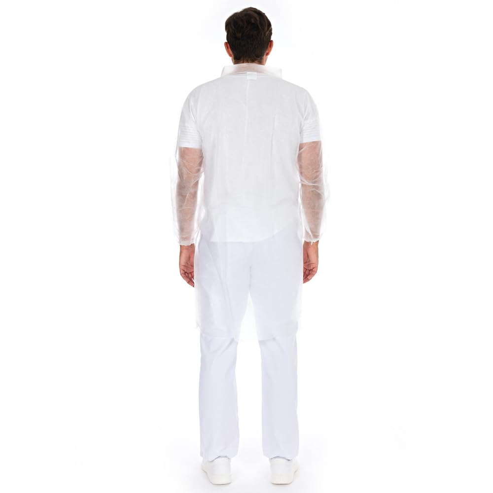 FRANZ MENSCH 100 Stück Hygonorm Besucherkittel Light mit Druckknöpfen, Stehkragen | PP, Sparpack, white, XL, L: 110cm, Umfang: 130cm, Box, Einwegkittel, Besucherkittel,Überkittel die Hygienebereiche