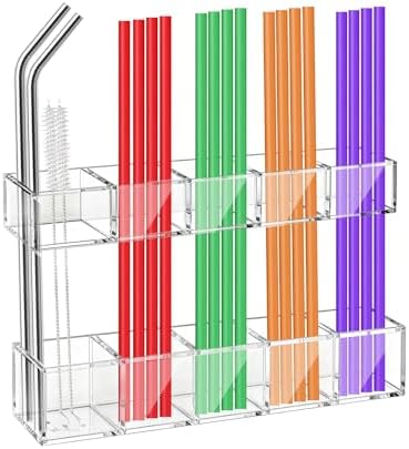 Straw Holder for Cabinet Door Two-Piece Adjustable Unit Reusable Acrylic Straw Organizer with Double Sided Adhesive Tape Space Saving Kitchen Storage for Straws and Utensils (Transparent)
