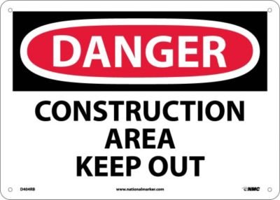 NMC D404RB Danger - Construction Area Keep Out Sign - 14 in. x 10 in. Rigid Plastic Danger Signage, Black/White Text on White/Red Base