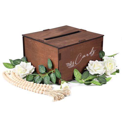 Image of Laekker Designs [3-IN-1 SET] Wooden Wedding Card Box + Beads + Flower Garland, DIY Card Box with Slot & Lid, Ideal Decorative Envelope Gift Box for Reception, Wedding, Bridal Shower, & Baby Shower