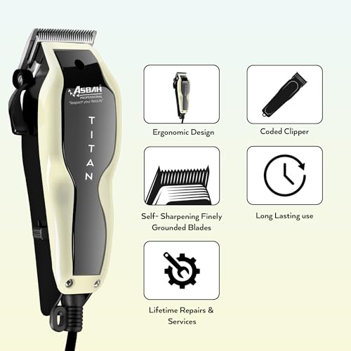 Image of ASBAH Professional Titan Hair Clipper for Men & Women - Precision Stainless Steel Blades, 8 Guide Combs (3mm-25mm), Adjustable Thumb Lever, Corded Grooming Tool with One-Year Warranty - Made in India
