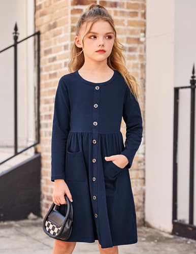 Arshiner Girl's Dresses Button Down Midi Long Sleeve Casual Sundress A-line Dress with Pockets3