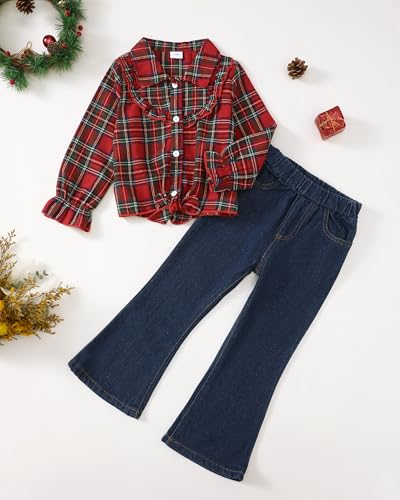 Kids Little Toddler Girl Clothes Button Down Tie Front Shirt + Bell Bottoms Jeans Girls 2 Piece Outfits Clothing Set2