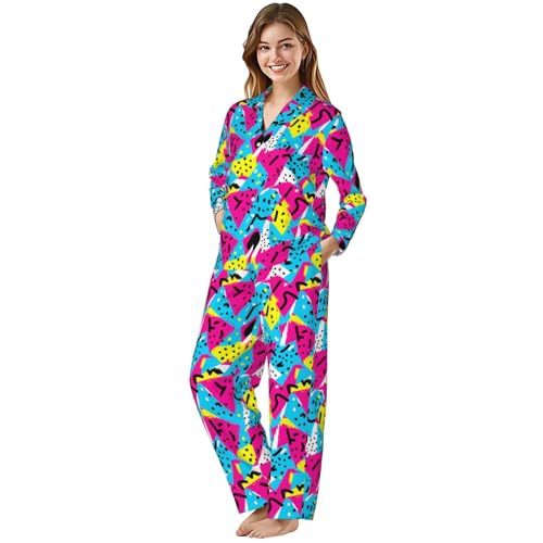 Image of Women'S Long Sleeve Pajama Set Soft Loungewear Button-Down Top & Elastic Waist Pants S- 2XL