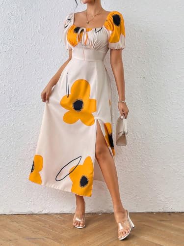 Image of GRECIILOOKS Summer Dress for Woman | Boho Square Neck Long Dress | Women's Puff Sleeve Floral Printed A Line Maxi | Elegant Tie Front Slit Outfit | Comfortable Beach, Vacation, Party & Holiday Outfit