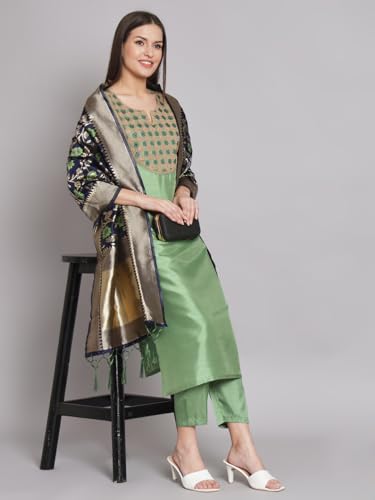 Image of VredeVogel Women's Cotton Silk Blend Kurta Pant Set with Banarasi Silk Dupatta