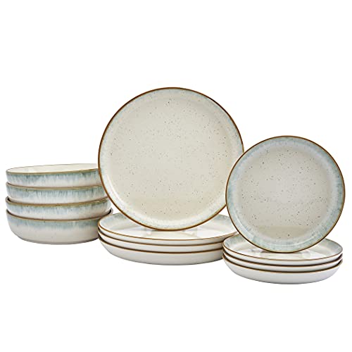 Tabletops Gallery Speckled Farmhouse Collection- Stoneware Dishes Service For 4 Dinner Salad Appetizer Dessert Plate Bowls, 12 Piece Hanover Dinnerware Set In Teal #TOP2