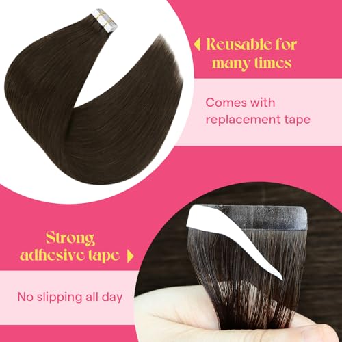 Image of Ve Sunny Hair Tape in Hair Extensions Human Hair Chocolate Brown | Hair Tape Extensions,Silky Smooth,for Wedding or Party,14Inch 25g 10Pcs