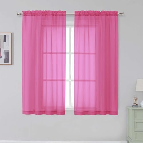 Image of Simplebrand Rod Pocket Top Solid Voile Sheer Curtains for Bedroom, 54 Inch Length Drapes Set of 2, Lightweight and Light Filtering Elegant Hot Pink Curtains Panels Window Treatment, 42Wx54L, Hot Pink