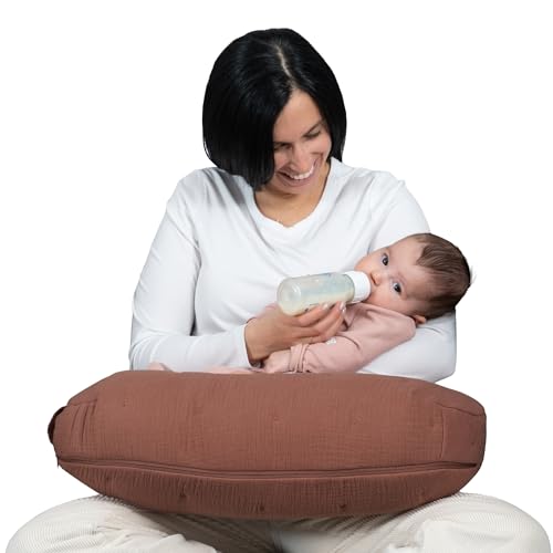 Image of Boppy Nursing Pillow, Cotton Muslin Ergonomic Breastfeeding Support Pillow | Bottle & Breastfeeding Pillow, High Lift & Firm Support, Water-Resistant, Washable Cotton Muslin Cover - Chestnut