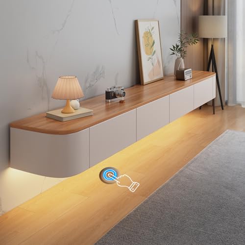 HYANXUE Meuble TV flottant - Meuble TV mural avec porte - Meuble TV flottant - Grand espace de rangement - Meuble TV sous la télévision (bois + LED, 140 cm)