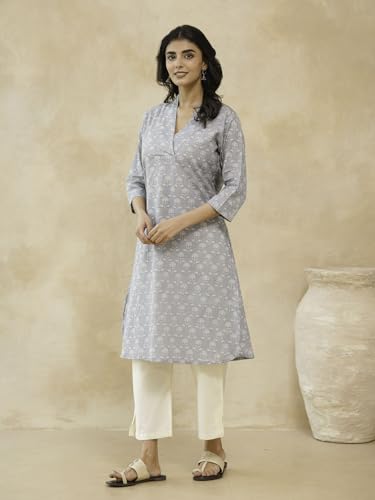 Image of GOODHAND Women Cotton Block Printed Kurta, Straight Fit Ethnic Kurti for Daily,Office & Casual Use
