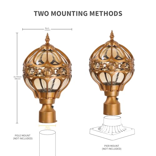 Dusk to Dawn Globe Outdoor Lamp Post Lights for Lawn Garden Yard Driveway, Brass Sphere Outside Post Light, Pier Mount Pillar Post Lighting Fixtures, Soccer Ball Exterior Pole Post Light(2 Pack)