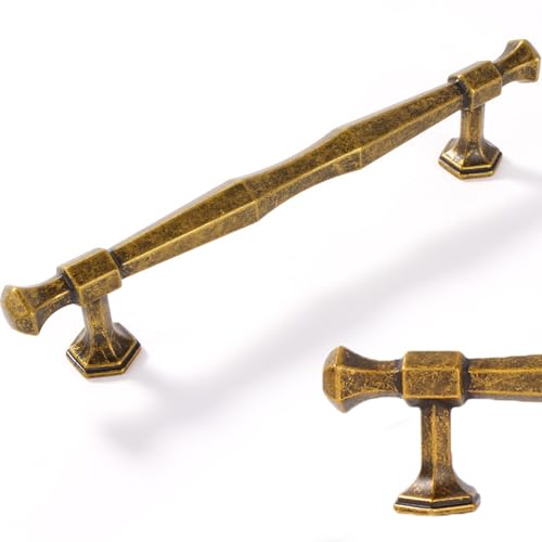 Vicycmc Antique Brass Cabinet Pulls 5 Inch(128mm) Hole Center,Vintage Retro Zinc Alloy Solid Drawer Pull Dresser Cabinet Handles Hardware for Bedroom, Kitchen 6 Pack 2586