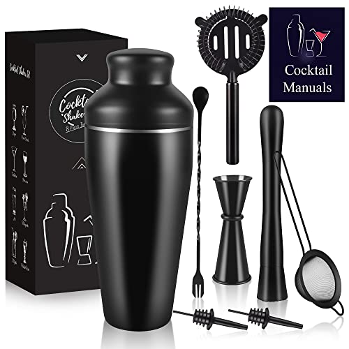 Bar Cocktail Shaker Set, 600 ml Shaker cocktail mélangeant des boissons faisant 8 ensembles pour les cadeaux de barman & Shaker à cocktail noir