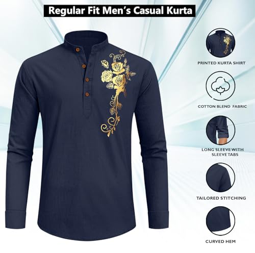 Image of Zombom Men's Cotton Polyester Blend Mandarin Collar Self One Design Printed Full Sleeve Casual Short Kurta