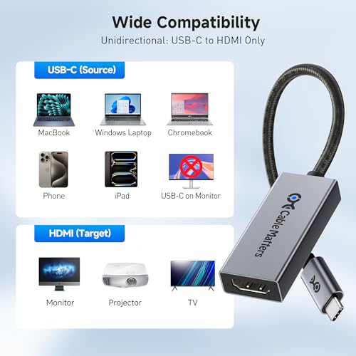 Cable Matters 48Gbps USB C to HDMI Adapter Supporting 4K 120Hz and 8K HDR - Thunderbolt 3 and Thunderbolt 4 Port Compatible - Maximum Supported Resolution on Any Mac via This Adapter is 4K@60Hz