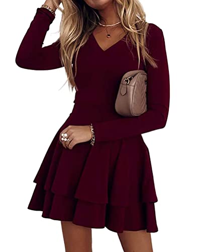 ORANDESIGNE Damen A-Linie Kleid Minikleid Langarm Volltonfarbe Mehrlagig Rüsche Herbst Frühling V-Ausschnitt Swing Kleid Personalisiert Elegant...