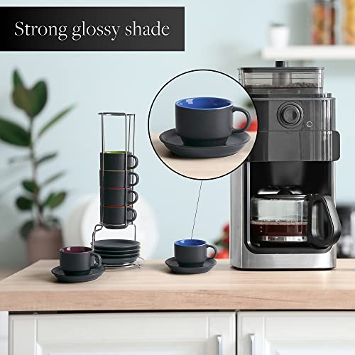 Miamio - 2.5 Oz Espresso Cup Set With Saucers Coffee Mug Set Of 6 - Ceramic Coffee Mug Stackable Espresso Mug With Stand For Coffee Drinks, Latte, Cafe Mocha - Le Papillon Collection (Colorful) #TOP5