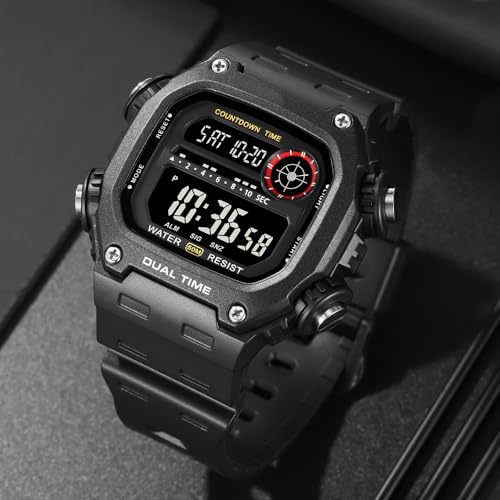 Mens Digital Watch Men Waterproof Watches for Men Dual Time Watch with Date Alarm Chronograph Sports Watch Teenage Boys, All Black, M142.H2