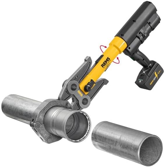 Rems Akku-Press XL 45Kn 22V crimping tool in action, pressing a fitting onto a pipe.