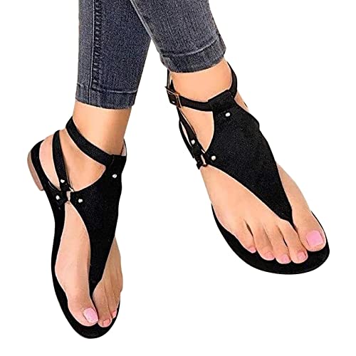 Dressy Thong Sandals for Women Open Toe Shoes Flat Beach Sandals Buckle Ankle Strap Casual Summer Retro Gladiator Sandals