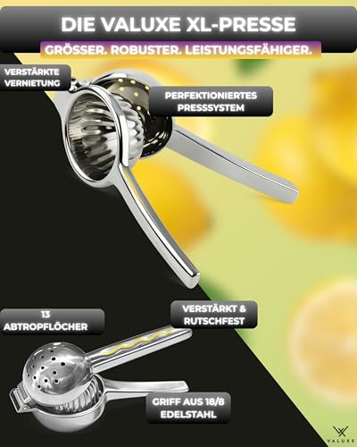 VALUXE Zitronenpresse Edelstahl groß - Hand Zitruspresse für Zitronen, Limetten & kleine Orangen - Manuelle Limetten-Presse, Citrus Handpresse, Lemon Squeezer spülmaschinengeeignet 5