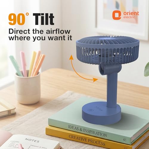 Image of Orient Electric Elfie Rechargeable Personal Fan | 90 Adjustable Airflow | 1800 mAh Battery | 4 Speed Modes | Quiet Operation | USB Type-C Charging | Compact Mini Fan | Dusk Blue