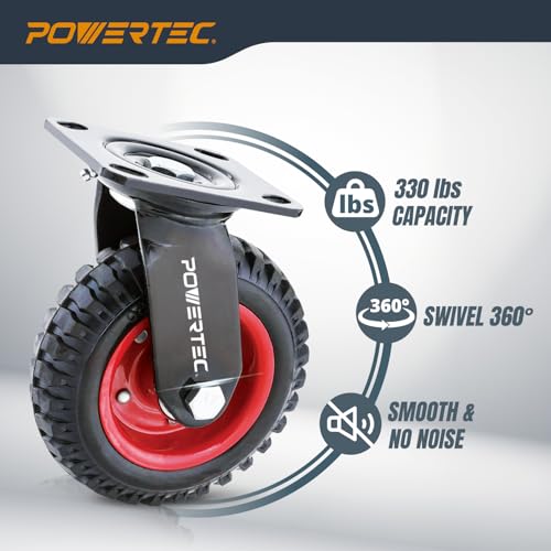 POWERTEC 17054V 8" Heavy Duty Caster Wheels Set of 4 (2 Swivel & 2 Fixed), Industrial Plate Casters with Rubber Knobby Tread for Workbench, Dolly, Cart, Trolley and Wagon, Large Castor Wheels